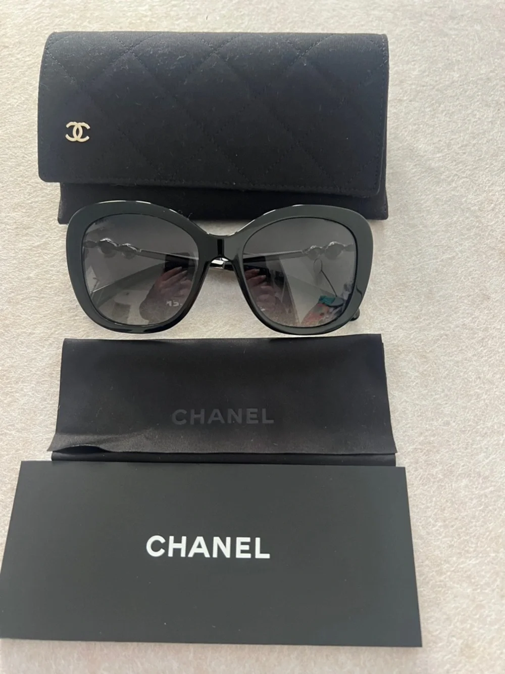 Chanel Black Square Sunglasses with Pearl Detail